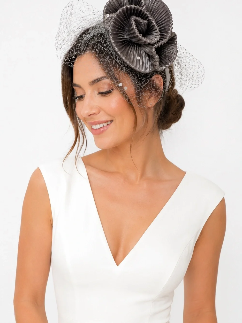 Bellissima Grey Pleated Satin Fascinator Headband with Birdcage Veil